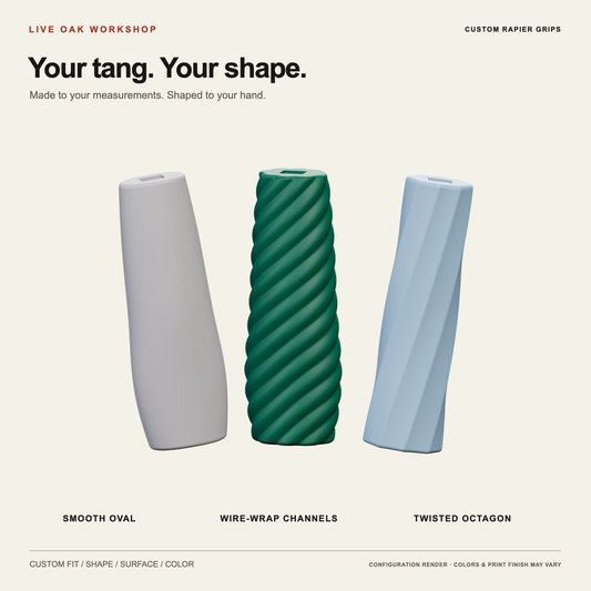Digital renders of custom rapier grips: a gray smooth oval, pine-green wire-wrap channels, and a misty-blue twisted octagon.
