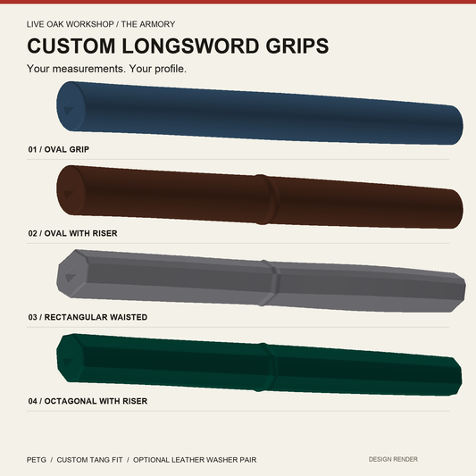 Design renders of four custom PETG longsword grip profiles.